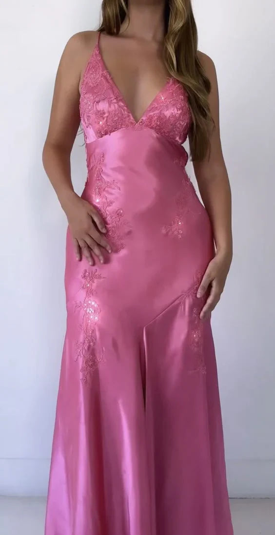 Aimishang Elegant Dresses Gowns Evening Dresses V Neck Pink Applique Long Prom Dress Vintage Evening Dress