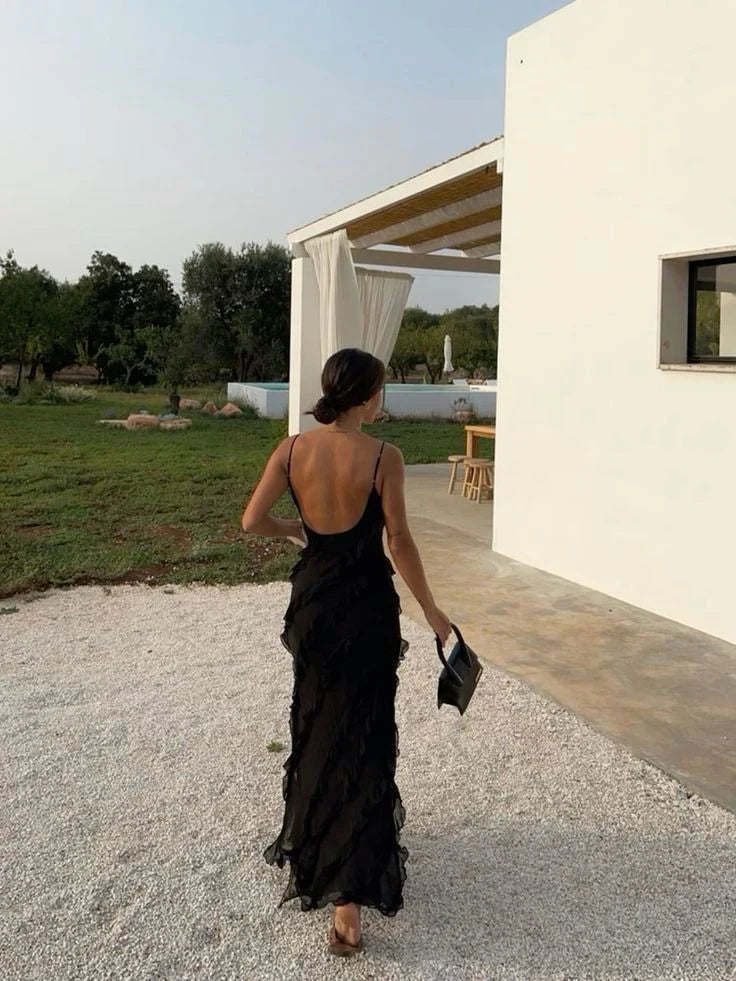 Aimishang Elegant Spaghetti Straps Black Sheath Ruffle Long Prom Dress Formal Evening Gown