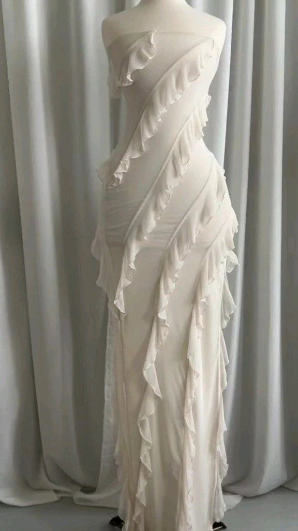 Aimishang Elegant Dresses Evening Wear Strapless Beige Long Prom Dress Ruffle Evening Party Dress