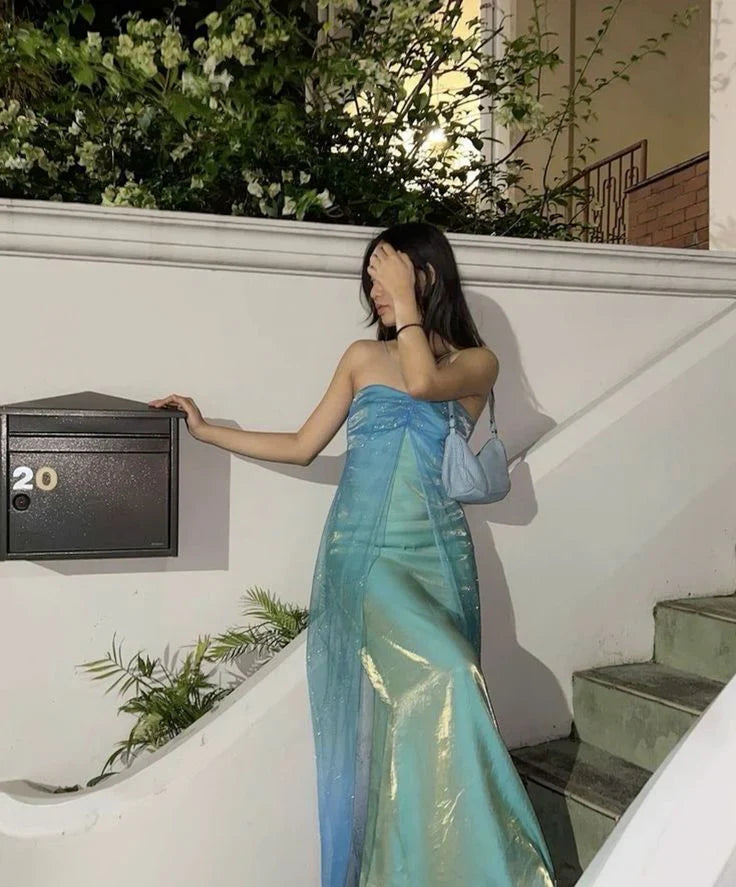 Aimishang Elegant Gowns Evening Dresses Strapless Blue Long Prom Dress Evening Party Dress