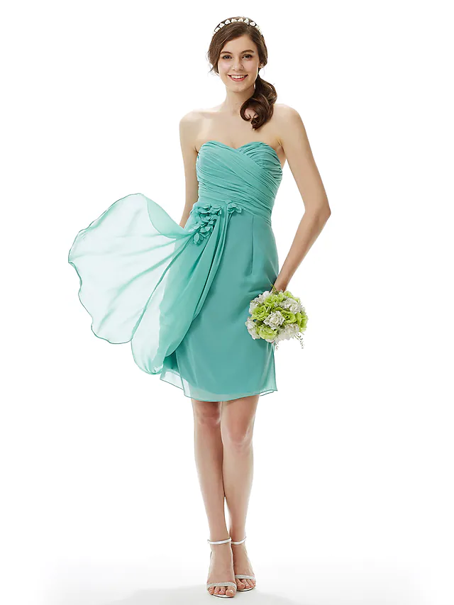 Sweetheart Neckline  Strapless Knee Length Chiffon Bridesmaid Dress with Criss Cross  Side Draping  Flower
