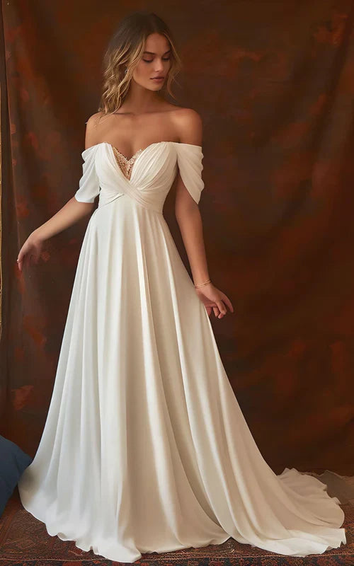 Aimishang Elegant A-Line Chiffon Sleeveless Off-the-Shoulder Wedding Dress with Ruching Floor Length