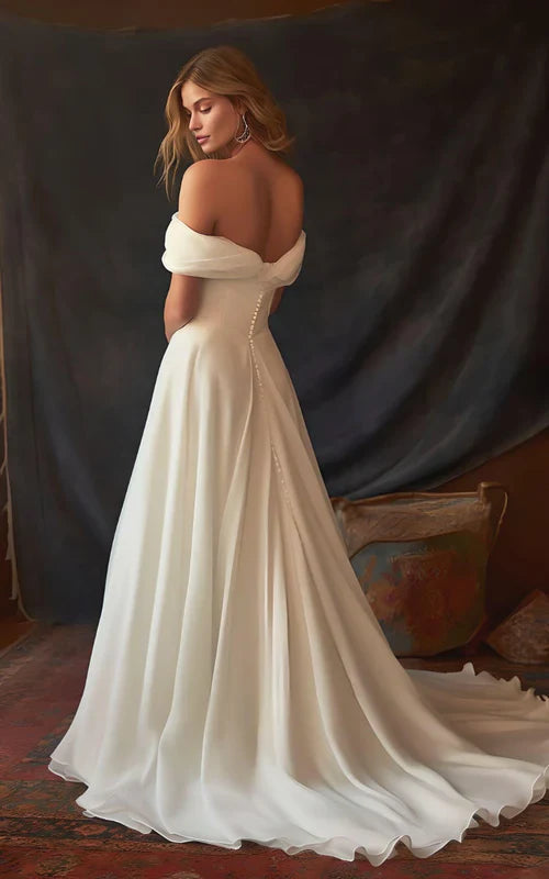 Aimishang Elegant A-Line Chiffon Sleeveless Off-the-Shoulder Wedding Dress with Ruching Floor Length
