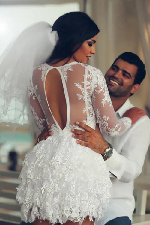Aimishang Elegant A-Line Scoop Lace Applique Long Sleeves Short-Mini Wedding Dresses