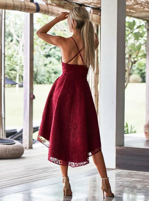 A-Line Spaghetti Straps High Low Red Lace Bridesmaid Dress