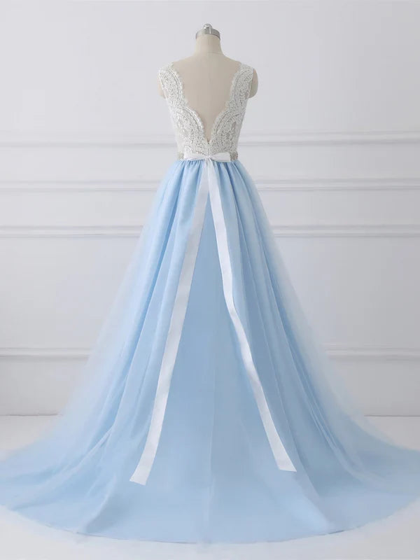 A-line Sweetheart Chapel Train Tulle Lace Beaded Wedding Dresses Light Blue Prom Dress Wholesale