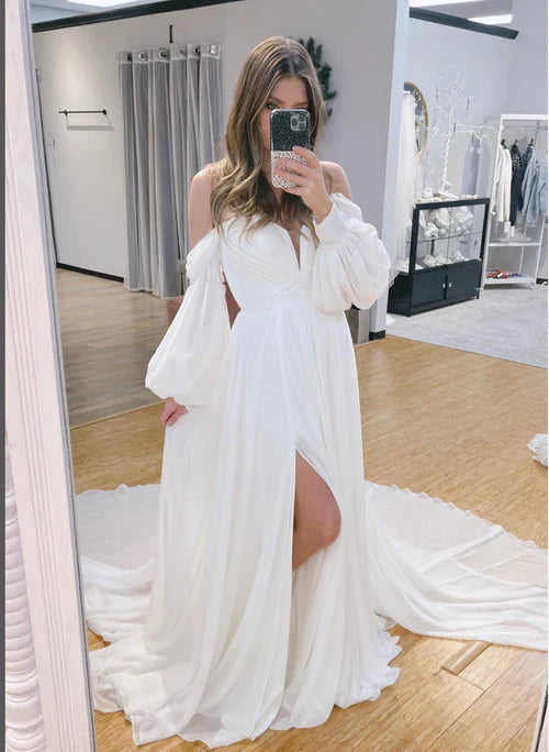 Aimishang Elegant A-Line Sweetheart Long Sleeves Chiffon Sweep Train Wedding Dress