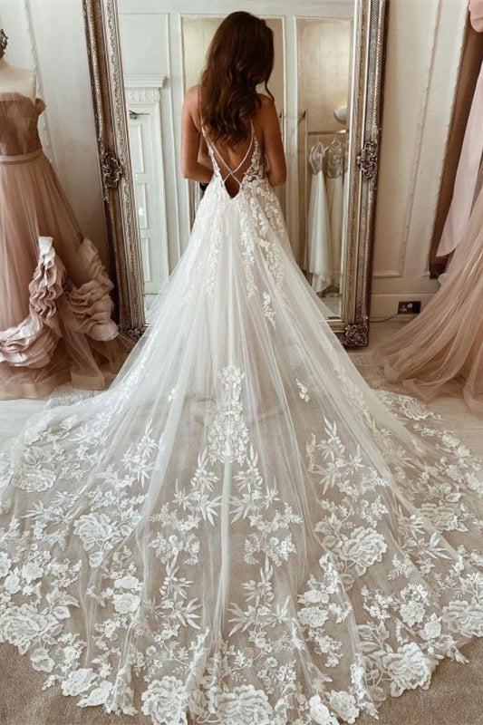 A-Line Tulle Spaghetti-Strap Lace Wedding Dress - Now On Sale!