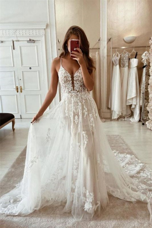 A-Line Tulle Spaghetti-Strap Lace Wedding Dress - Now On Sale!