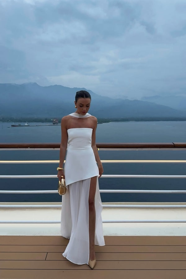 White Strapless Satin Chiffon Split Holiday Summer Prom Dress