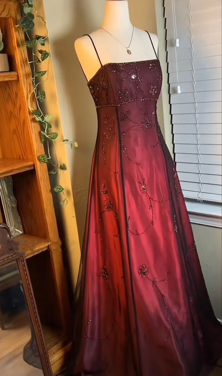 Burgundy Straps Exquisite Beaded Long Formal Dress Woman Party Dresses
