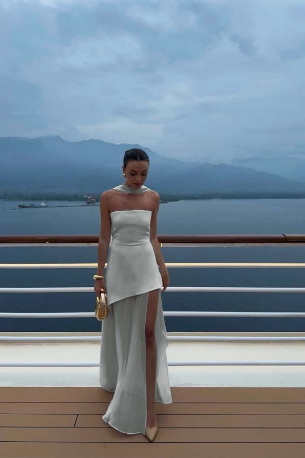 White Strapless Satin Chiffon Split Holiday Summer Prom Dress