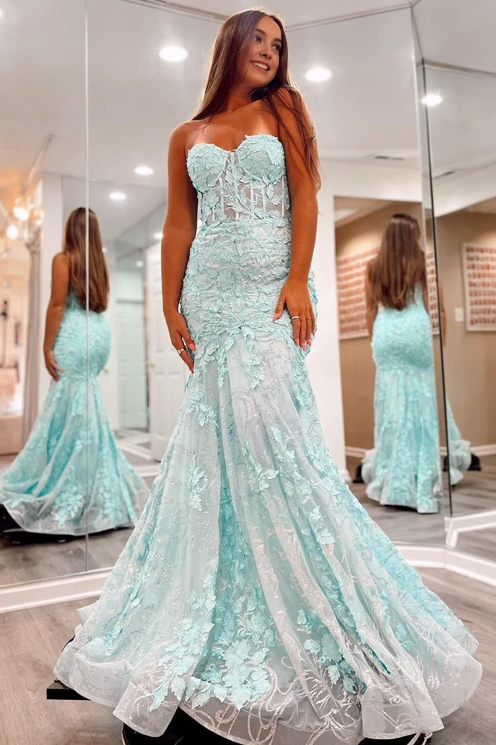Sweetheart Mint Sparkly Lace Long Mermaid Prom Dresses