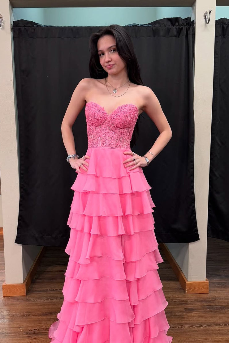 A Line Sweetheart Pink Chiffon Tiered Prom Dresses