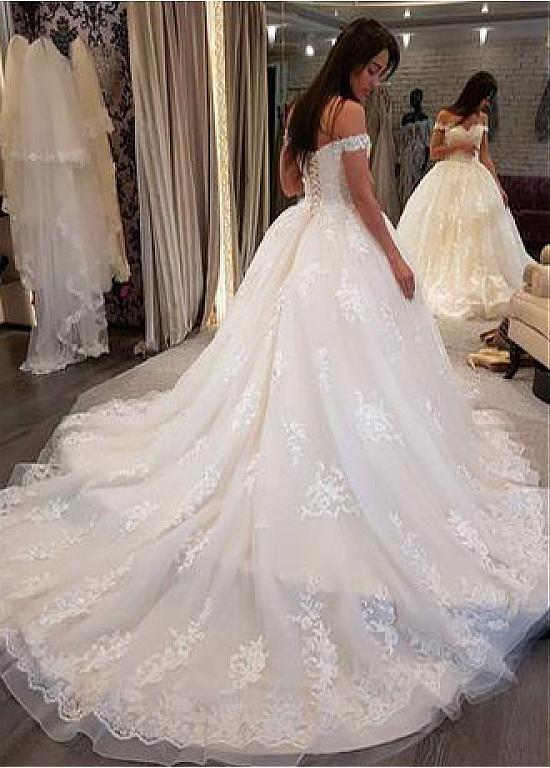 Tulle Off-the-shoulder Beading Appliques Ball Gown Wedding Dress