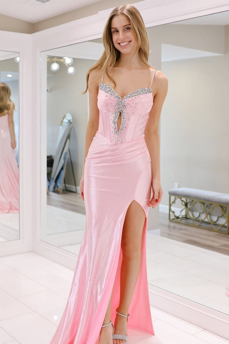 Charming Mermaid V Neck Pink Satin Long Prom Dresses