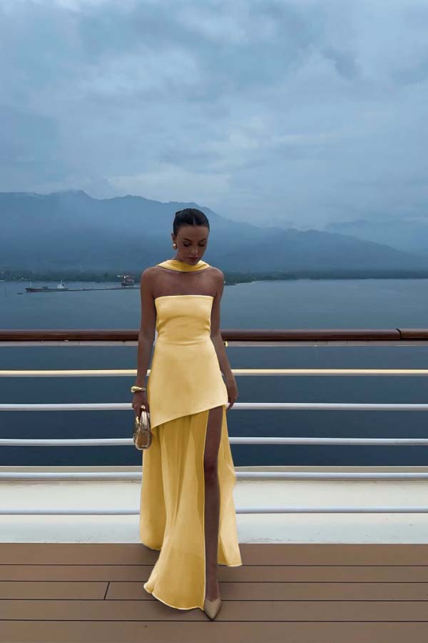 White Strapless Satin Chiffon Split Holiday Summer Prom Dress