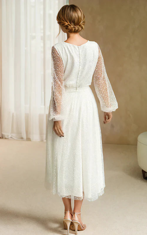 Aimishang Elegant A-Line Tulle White Tea-Length Long Sleeve Wedding Dress