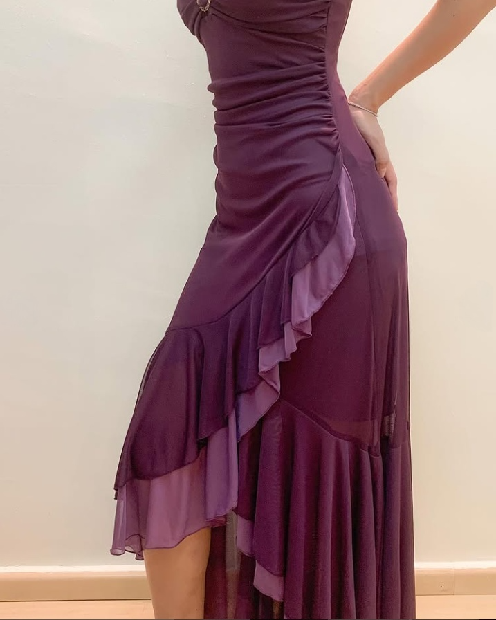 Dark Purple Spaghetti Straps Ruffled Split Prom Dress Long