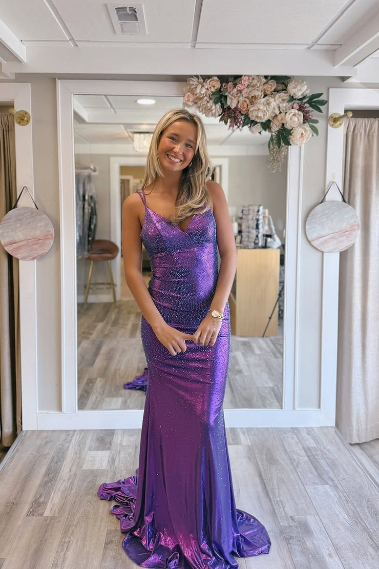 Sparkly Mermaid V Neck Purple Metallic Satin Prom Dresses