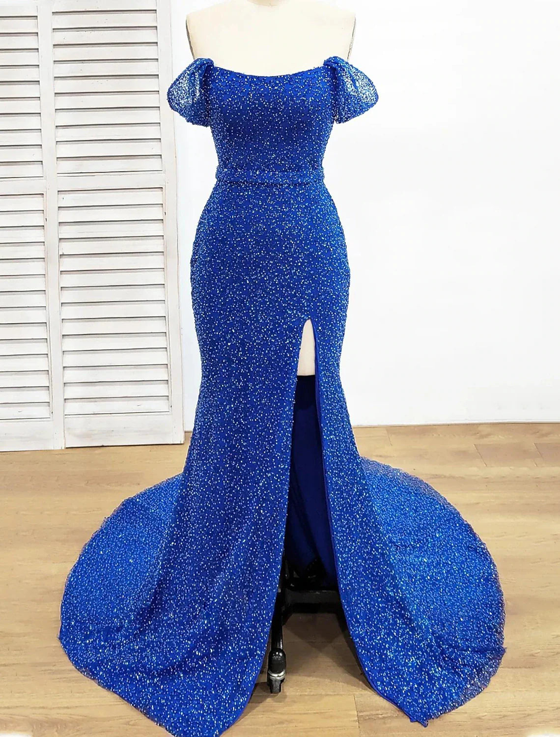 Mermaid / Trumpet Evening Gown Elegant Dress Formal Prom Floor Length Short Sleeve Off Shoulder Sequined with Sequin