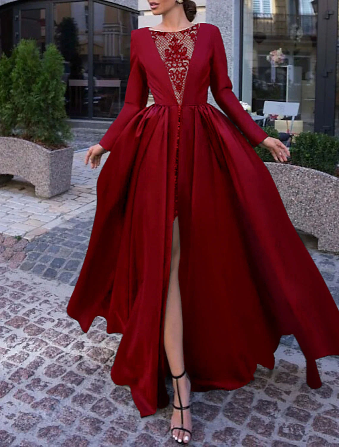 Aimishang Ball Gown Evening Gown Black Dress Vintage Halloween Wedding Party Sweep / Brush Train Long Sleeve Illusion Neck Wednesday Addams Family Satin with Slit Overskirt