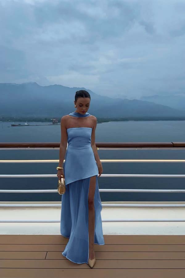 White Strapless Satin Chiffon Split Holiday Summer Prom Dress