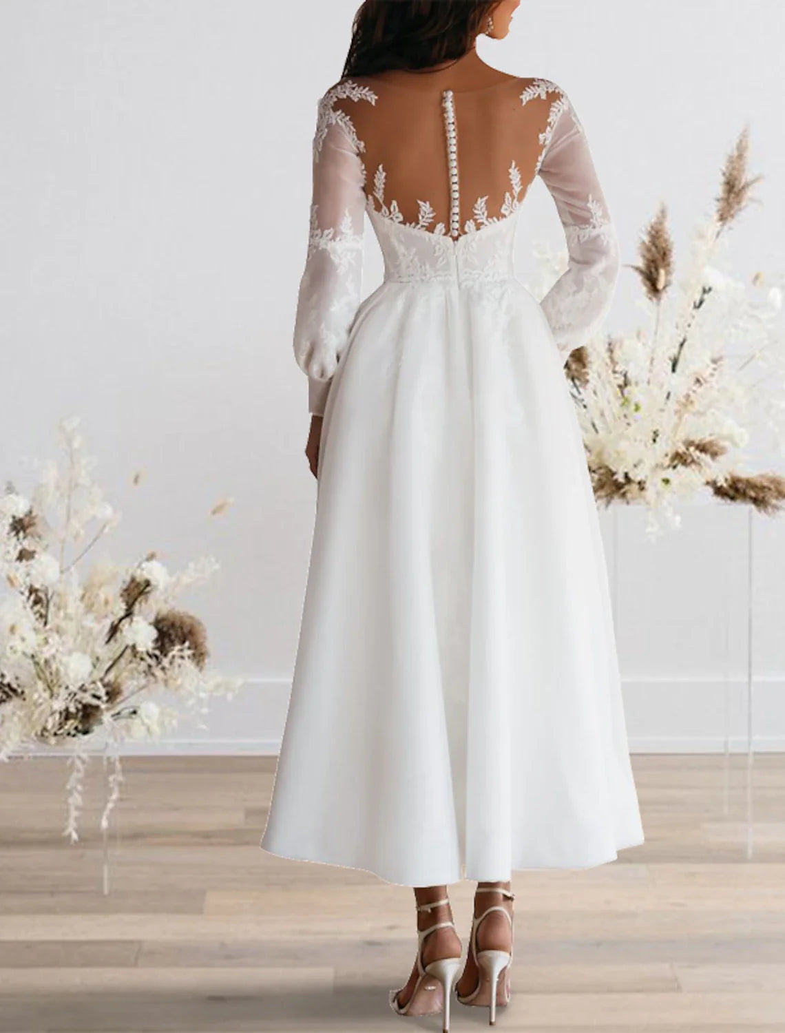 Aimishang Reception Simple Wedding Dresses Wedding Dresses A-Line Sweetheart Camisole Spaghetti Strap Tea Length Satin Bridal Gowns With Solid Color