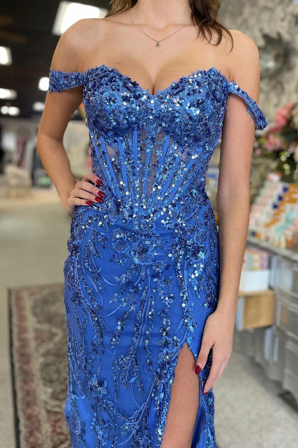 Off the Shoulder Blue Mermaid Sequins Lace Slit Prom Dresses