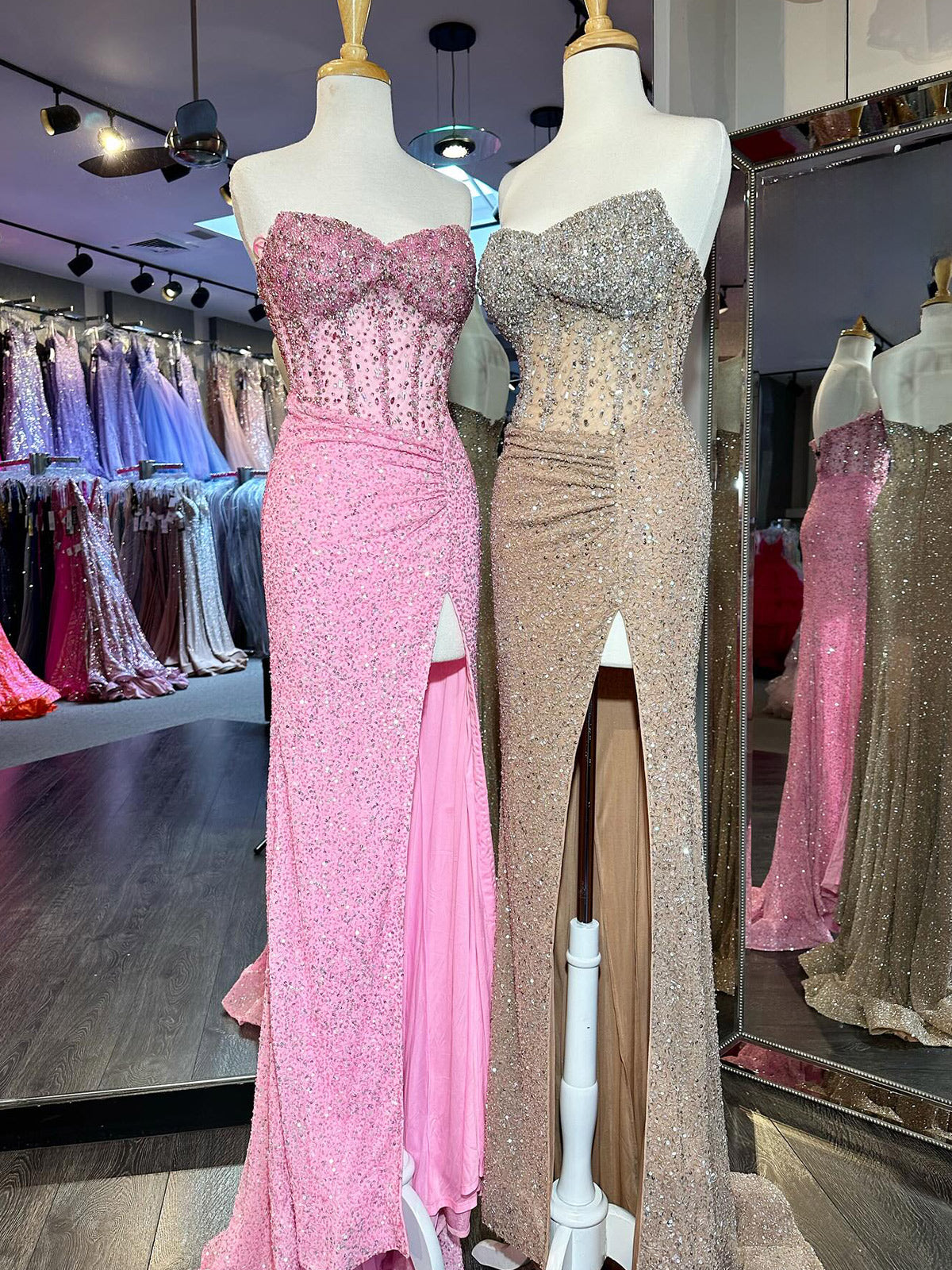 Pink Strapless Sequins Mermaid Long Prom Dress With Split
