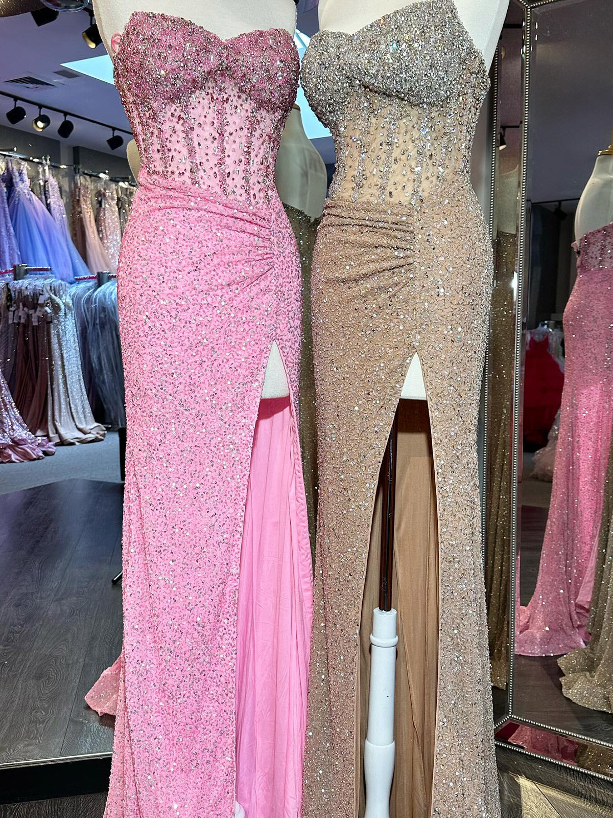 Pink Strapless Sequins Mermaid Long Prom Dress With Split