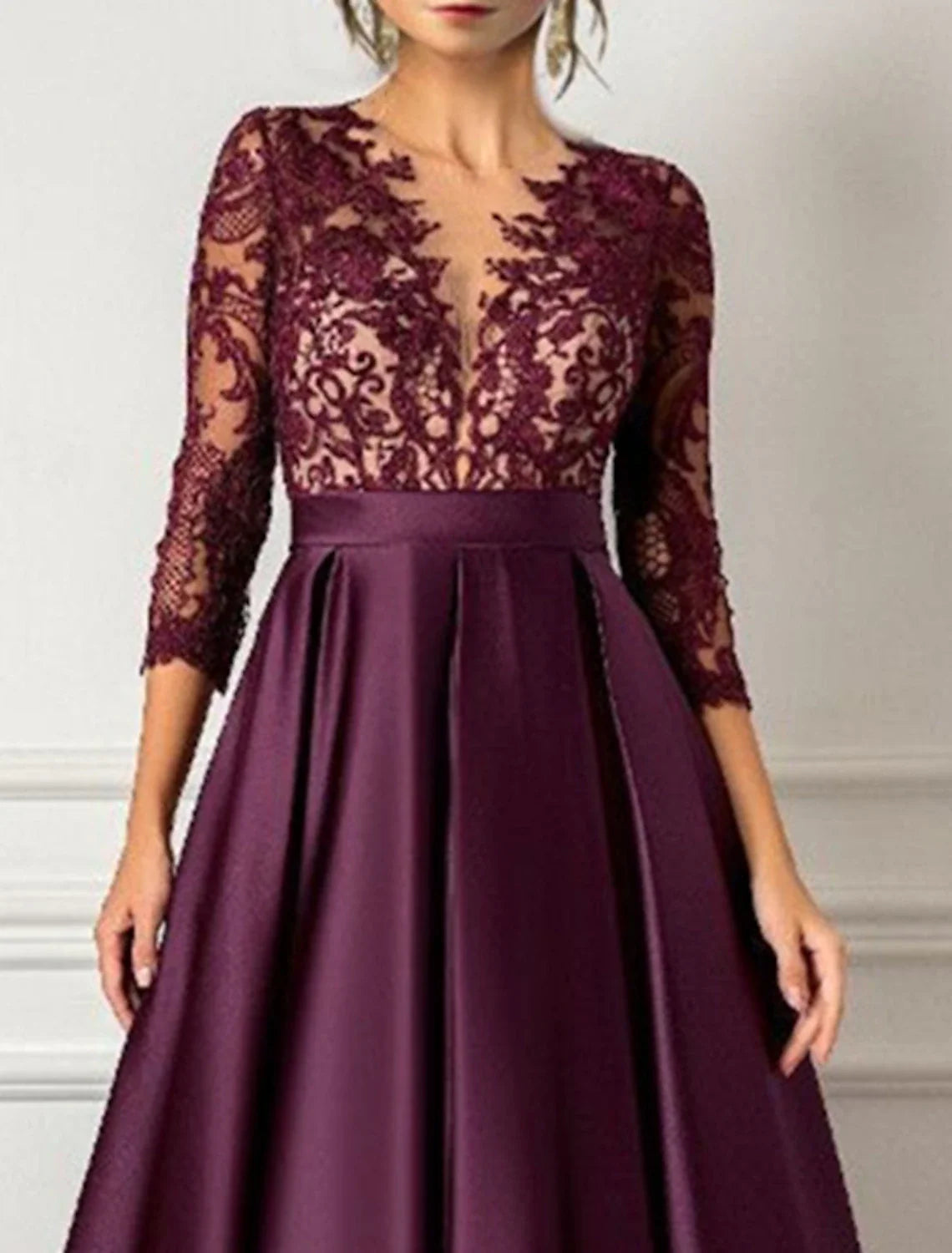 Wholesale A-Line Evening Gown Elegant Dress Formal Wedding Guest Floor Length 3/4 Length Sleeve V Neck Satin with Pleats Sequin