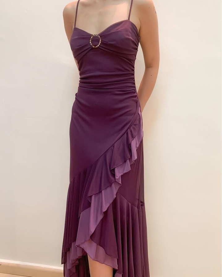 Dark Purple Spaghetti Straps Ruffled Split Prom Dress Long