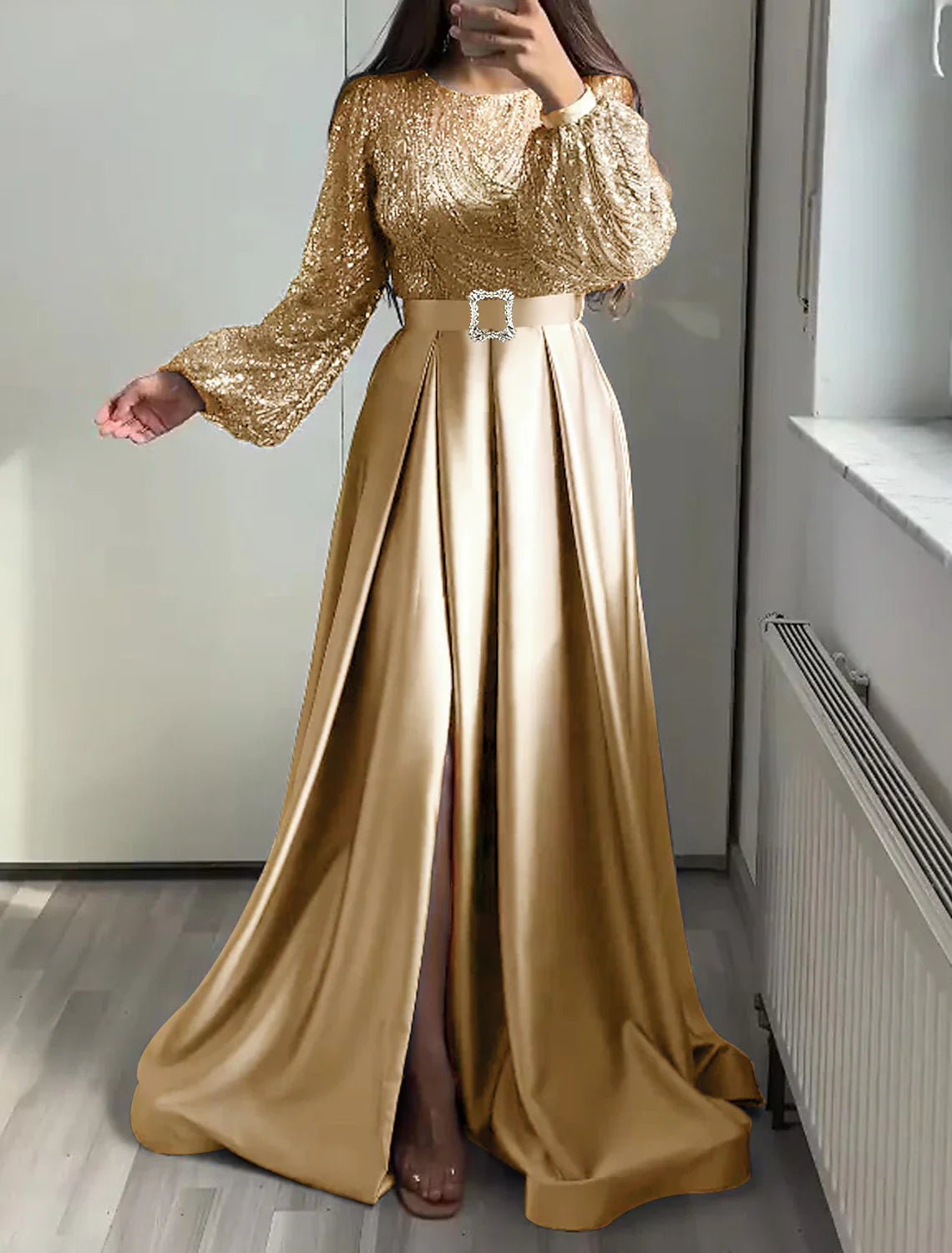 Aimishang A-Line Evening Gown Elegant Dress Wedding Black Tie Floor Length Long Sleeve Jewel Neck Fall Wedding Guest Satin with Sequin