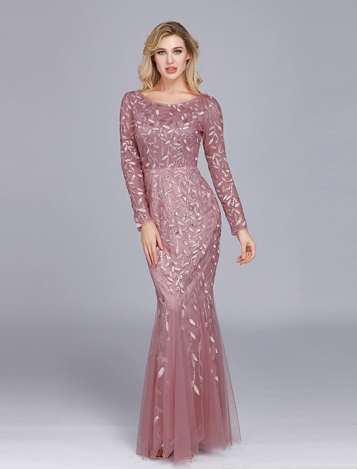 Mermaid / Trumpet Empire Elegant Party Wear Formal Evening Valentine's Day Dress Jewel Neck Long Sleeve Floor Length Tulle with Embroidery 2024 / Illusion Sleeve