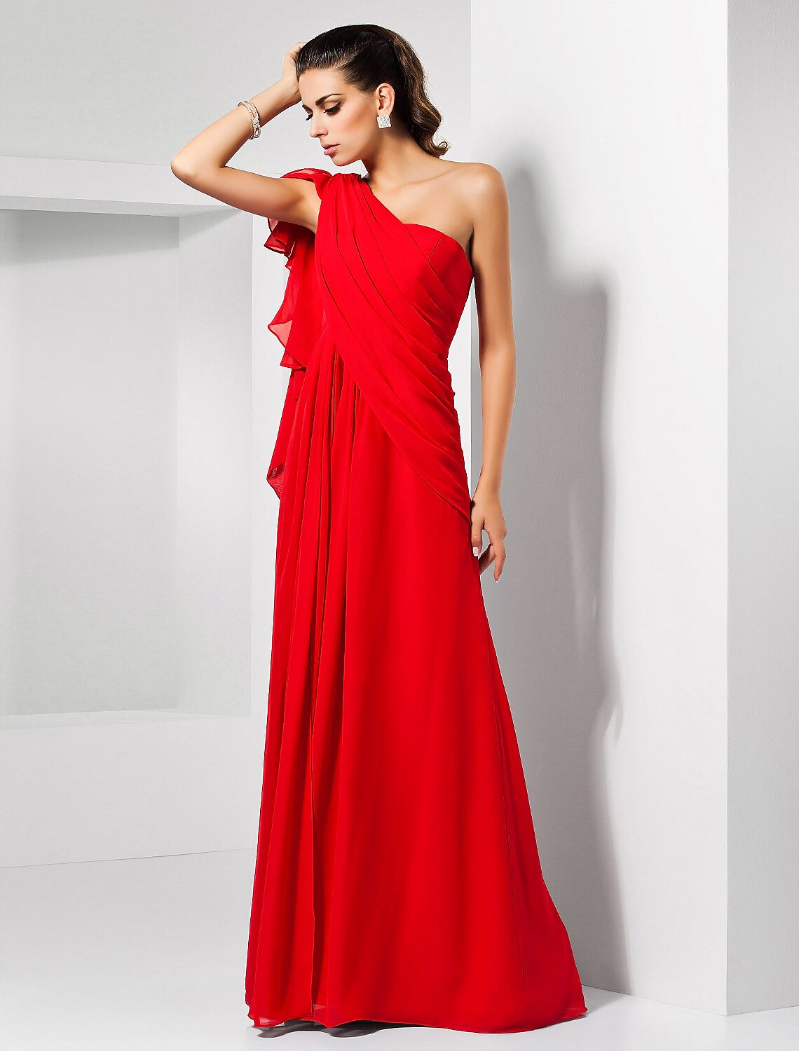 Weitese Sheath Red Green Dress Empire Wedding Guest Formal Evening Dress One Shoulder Sleeveless Floor Length Chiffon with Draping Slit