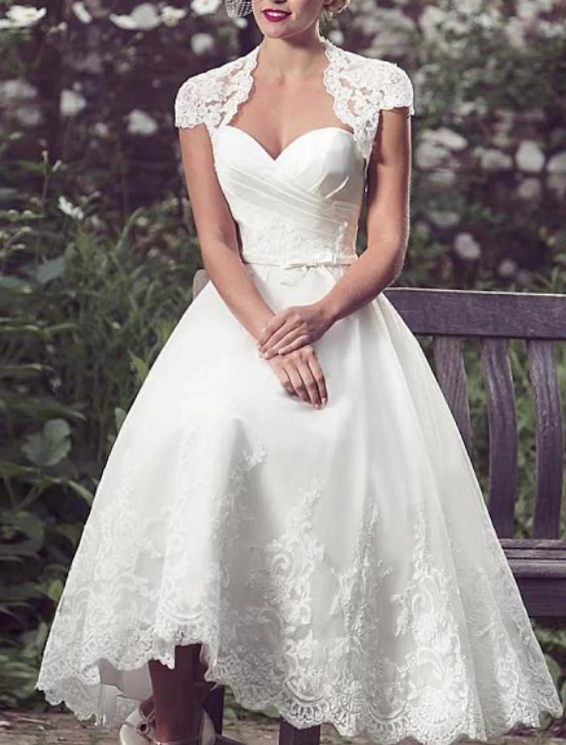 Aimishang Reception Vintage 1940s / 1950s Wedding Dresses A-Line Sweetheart Cap Sleeve Tea Length Lace Bridal Gowns With Appliques