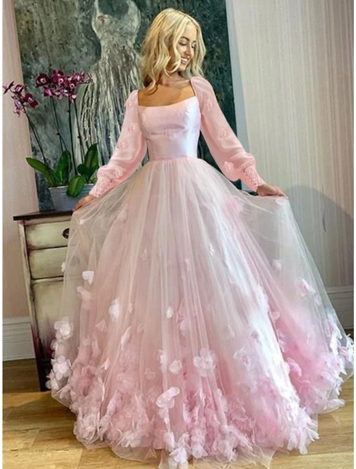 A-Line Prom Dresses Maxi Dress Wedding Guest Sweet 16 Floor Length Long Sleeve Scoop Neck Tulle with Appliques Butterfly 2025