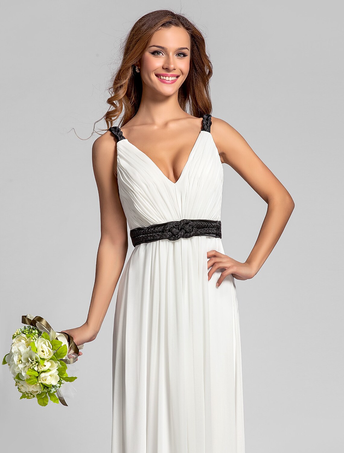 Sheath / Column V Neck Floor Length Georgette Bridesmaid Dress with Sash / Ribbon