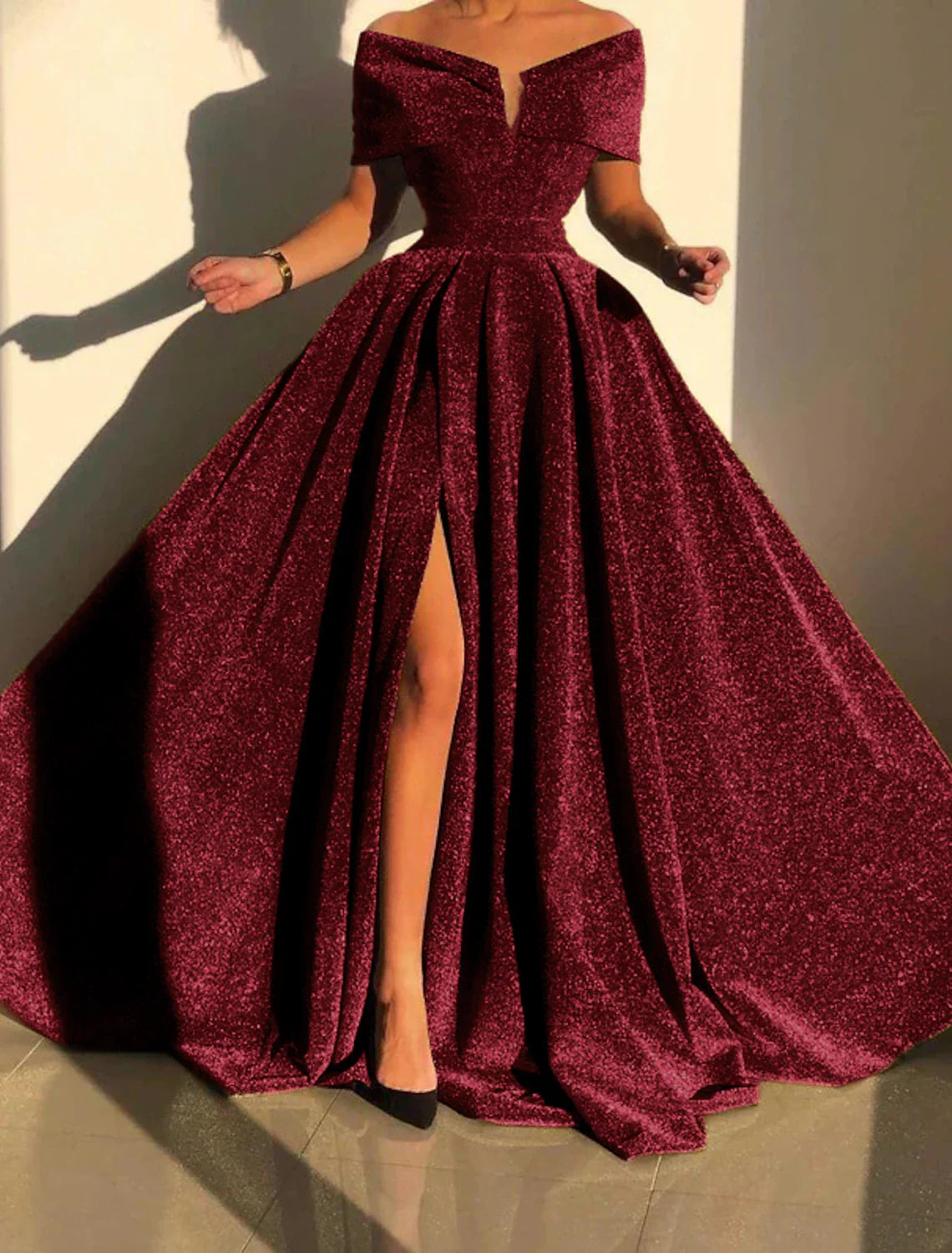 A-Line Evening Gown Sparkle & Shine Dress Formal Fall Court Train Sleeveless Off Shoulder Sequined with Sequin Slit