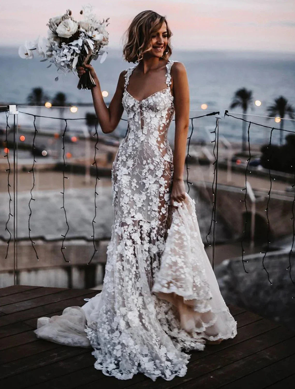 Aimishang Beach Sexy Boho Wedding Dresses Mermaid / Trumpet Sweetheart Regular Straps Court Train Lace Bridal Gowns With Appliques Summer Fall Wedding Party