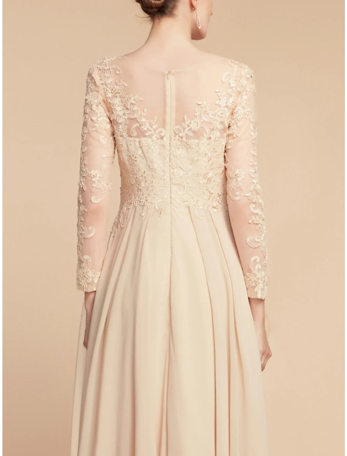 Aimishang  A-Line Mother of the Bride Dress Wedding Guest Elegant Jewel Neck Ankle Length Chiffon Lace Long Sleeve with Ruching Solid Color