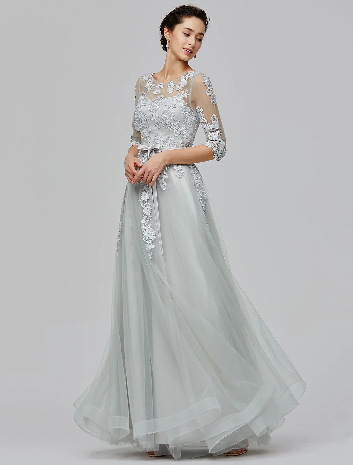 Wholesale A-Line Empire Dress Wedding Guest Prom Dress Floor Length Half Sleeve Illusion Neck Tulle with Bow(s) Appliques