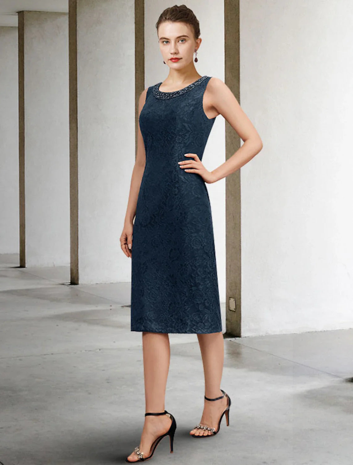 Aimishang Two Piece Sheath / Column Mother of the Bride Dress Wedding Guest Plus Size Elegant Jewel Neck Knee Length Chiffon Lace Sleeveless with Beading Appliques Fall