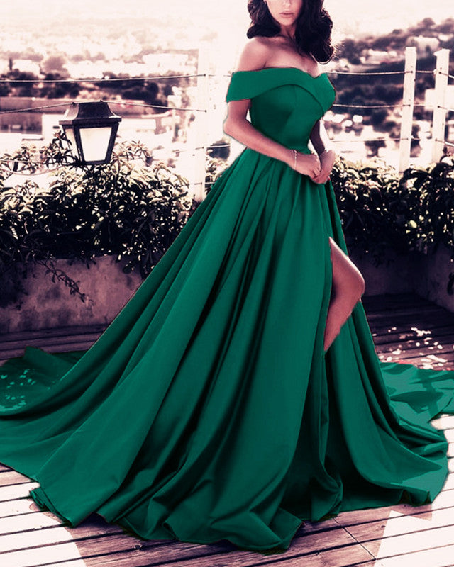 Elegant Prom Dresses Satin Front Slit Off Shoulder