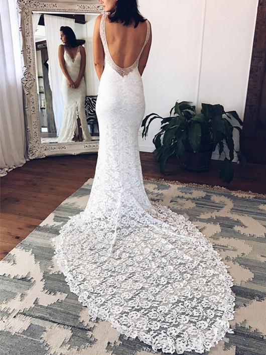 Alluring Lace V-neck Neckline Sheath Wedding Dresses With Slit Open Back Sexy Elegant