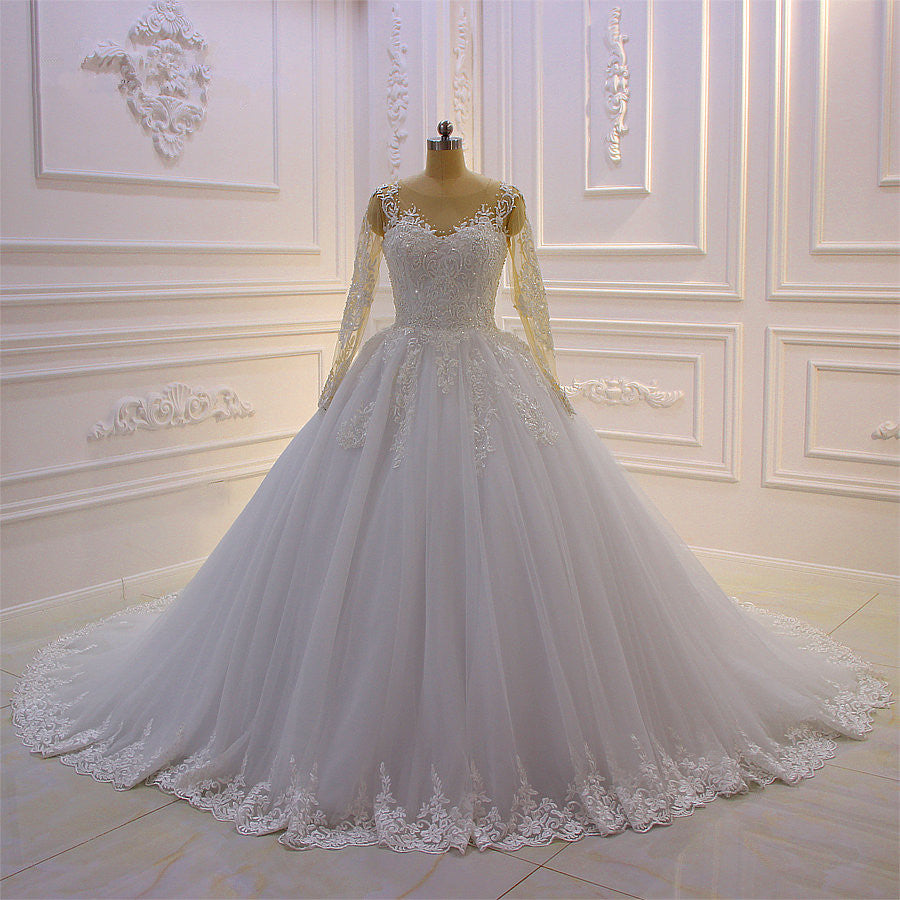 Amazing Bateau Long Sleeves Lace Wedding Dress with Pearl Appliques
