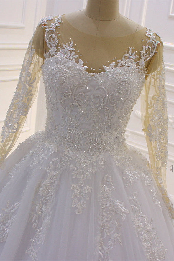 Amazing Bateau Long Sleeves Lace Wedding Dress with Pearl Appliques