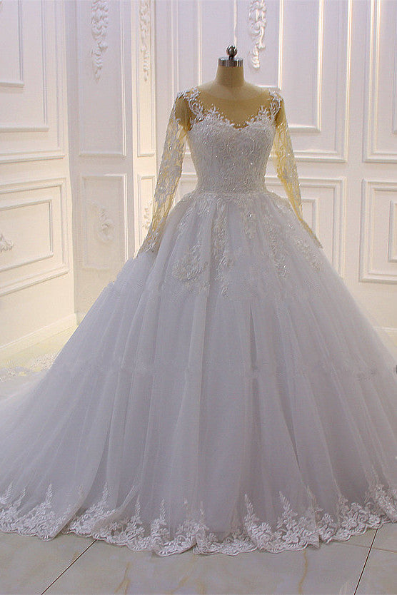 Amazing Bateau Long Sleeves Lace Wedding Dress with Pearl Appliques