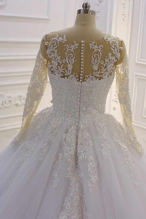 Amazing Bateau Long Sleeves Lace Wedding Dress with Pearl Appliques